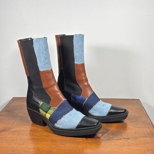 VTG Inspired Patchwork Leather & Denim Ankle Boots Woman Sz 37 1/2 Italy Mimosa